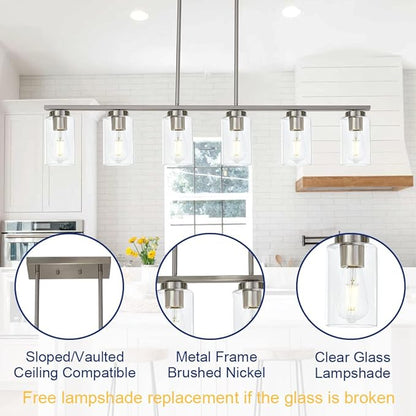 TODOLUZ 6-Light Kitchen Island Lighting with Clear Glass Shades, Modern Linear Pendant Light Fixture for Dining Room Pool Table, Brushed Nickel Finish