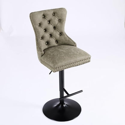 Aged and Retro PU Swivel Bar stools Adjusatble Seat Height from 26 33 Inch, Bar Stools with Backs Comfortable Tufted for Home Pub and Kitchen Island (Olive Green,Set of 2)