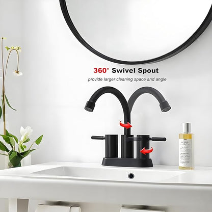 IKEBANA Modern Matte Black Bathroom Faucet, 2 Handle 4 Inch Centerset Sink Faucet, 360° Swivel High-Arc Spout Stainless Steel for RV Vanity Lavatory with Pop-up Drain and Supply Lines