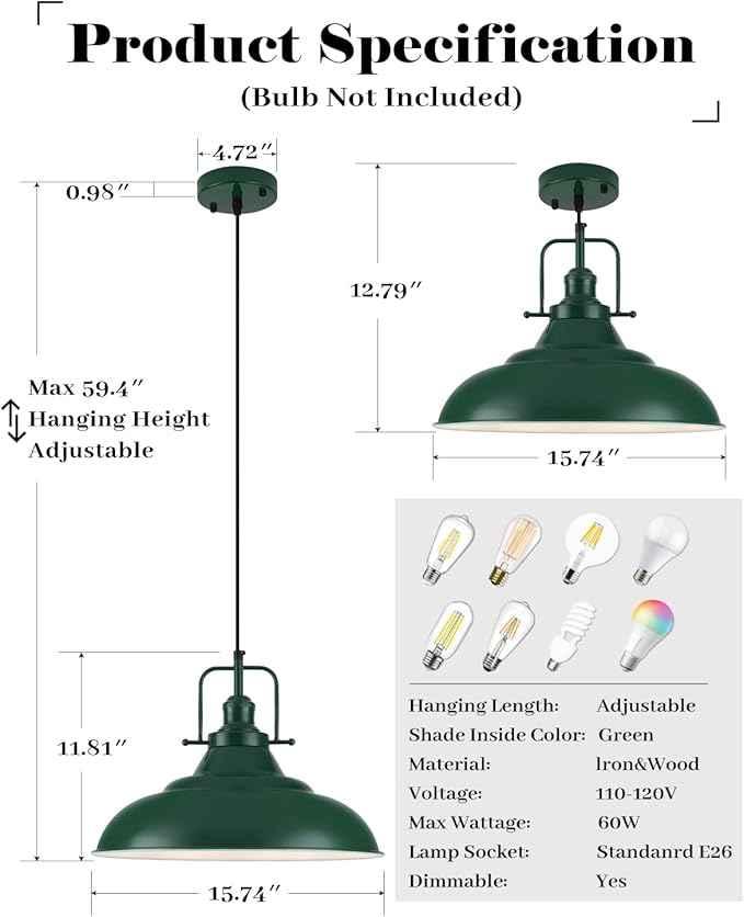 Green Pendant Light Kitchen Island, 16 Inch Large Pendant Lights, Industrial Pendant Lights, Vintage Farmhouse Pendant Light for Kitchen Island, Dining Room, Hallway (1 Pack)