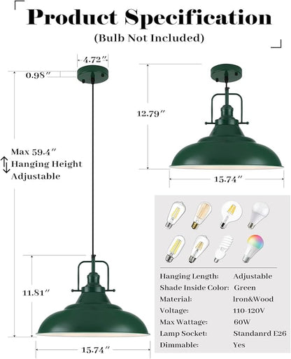 Green Pendant Light 2 Pack, 16 Inch Large Industrial Pendant Lights, Green Pendant Lights Kitchen Island, Large Farmhouse Pendant Light for Kitchen Island, Dining Room, Hallway