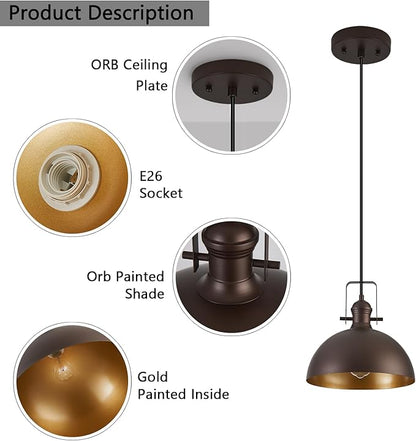 12 Inch Pendant Lights for Kitchen Island Matte ORB Farmhouse Pendant Light fixtures Adjustable Height Dome Hanging Light for Dinning Room Bedroom Hallway,2 Packs