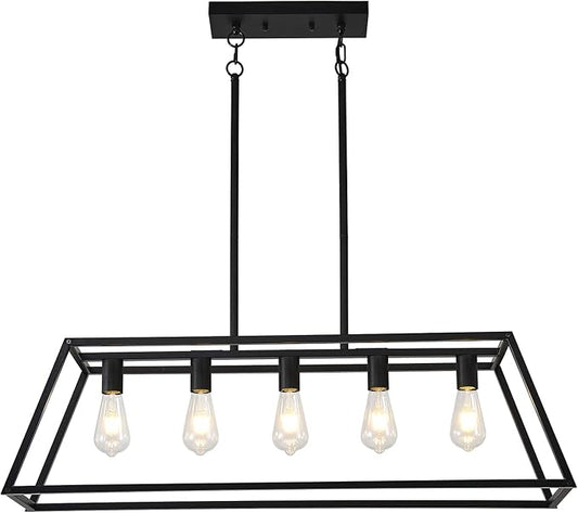 Farmhouse Rectangle Chandeliers for Dining Rooms, Modern Linear Hanging Light Fixture Matte Black 5-Light Industrial Pendant Lighting for Kitchen Island
