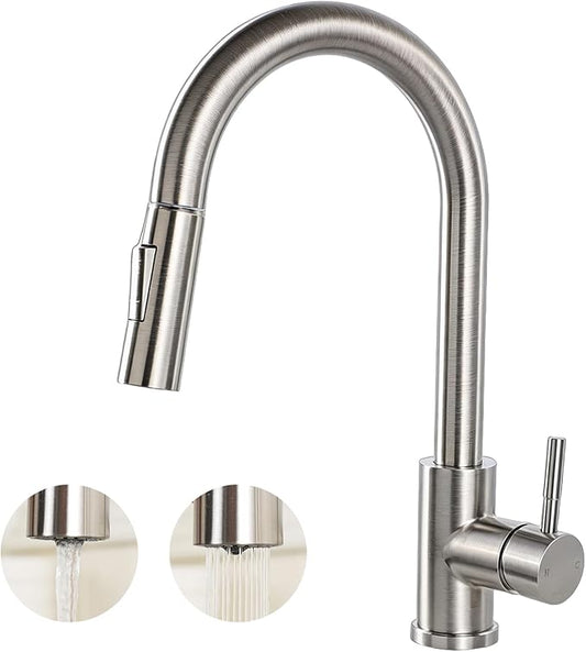 HOTIS Kitchen Sink Faucet Brushed Nickel with Pull Down Sprayer, Single Hole Stainless Steel Bar Faucet, 360° Swivel Pull Out Sink Faucets for Kitchen, Laundry & Bar Sinks, HT-KBD101L