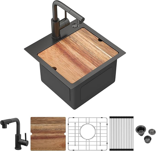 Outdoor Sink and Faucet 15 Inch Drop In Bar Sink Workstation 16 Gauge Stainless Steel Single Bowl Small Outdoor Kitchen Sink Basin With Pull-out Faucet 15x15x9 Inch