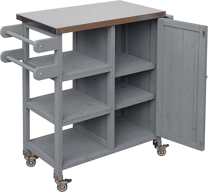 MERITLINE Foldable Outdoor Kitchen Island with Stainless Steel Top, Lockable Rolling Casters & Towel Rack, Mobile BBQ Prep Cart with Open Shelves and Hidden Cabinet for Patio, Balcony, Grey