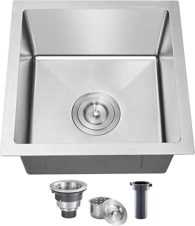 Bar Sink, ROVATE 15 x 15 x 8 inch Bar or Prep Kitchen Sink Undermount, Single Bowl T-304 Stainless Steel Small Sinks Handmade with Strainer