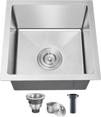 Bar Sink, ROVATE 15 x 15 x 8 inch Bar or Prep Kitchen Sink Undermount, Single Bowl T-304 Stainless Steel Small Sinks Handmade with Strainer