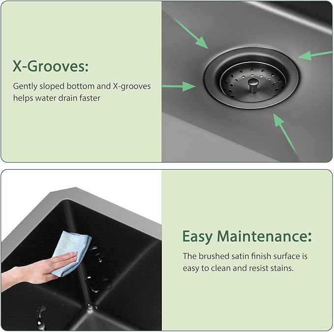 Black Undermount Kitchen Sink 28 Inch - Couoko Gunmetal Black Single Bowl Undermount Sinks 16 Gauge T304 Stainless Steel Large Deep NANO PVD Handmade Round Corner Kitchen Sinks 28"x18"x9"