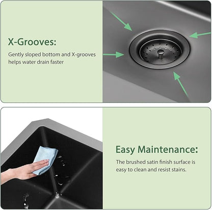 Black Undermount Kitchen Sink 28 Inch - Couoko Gunmetal Black Single Bowl Undermount Sinks 16 Gauge T304 Stainless Steel Large Deep NANO PVD Handmade Round Corner Kitchen Sinks 28"x18"x9"