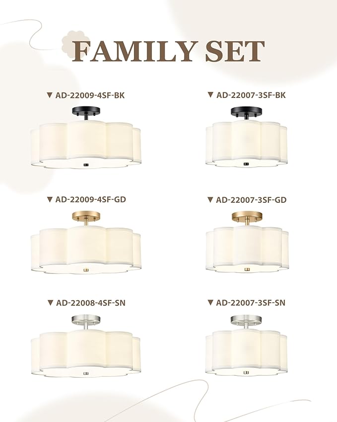 Semi Flush Mount Ceiling Lights, 3-Light 13" Ceiling Light Fixtures with Fabric Shade in Flower Shape, Brushed Nickel Drum Lighting for Nursery Hallway Bedroom Kitchen, AD-22007-3SF-SN