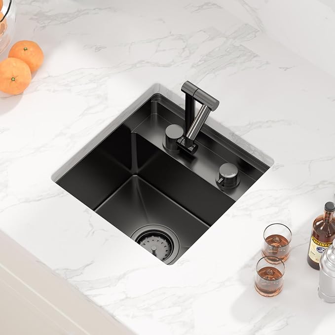 Sarlai Black Undermount Bar Sink With Foldable Faucet - 15x15 Inch Outdoor Black Kitchen Sink RV Workstation 16 Gauge Stainless Steel Single Bowl Handmade Outdoor BBQ Sinks with Lid