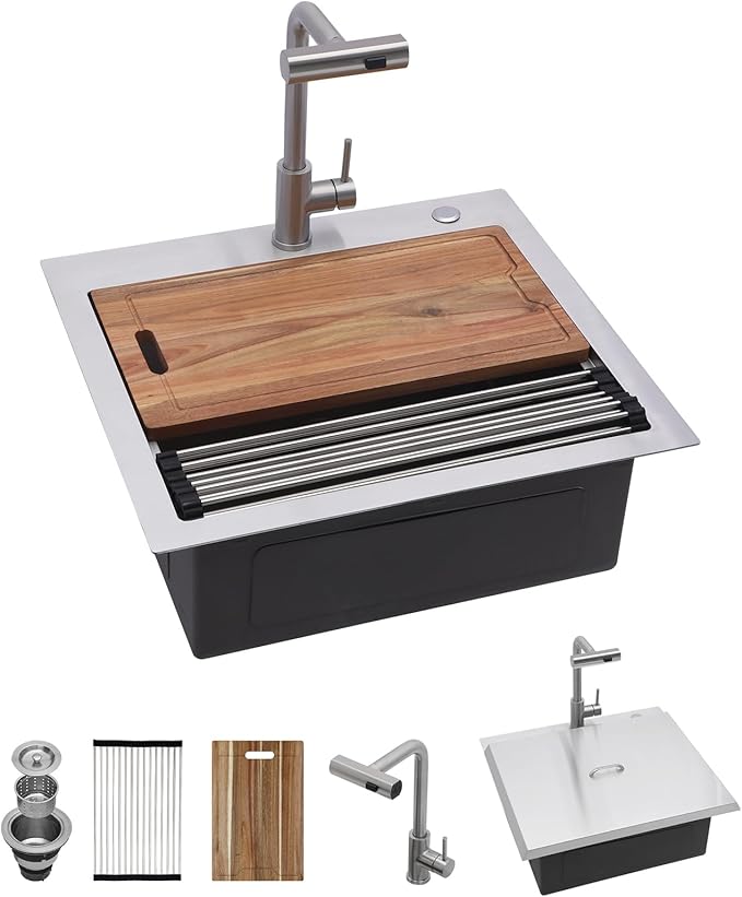 Kichae 25 Outdoor Kitchen Sink Drop In - 25" x 22" Stainless Steel Drop Sink 16 Gauge with Cover for Small Outdoor Kitchens, Bar Prep, and RV Use