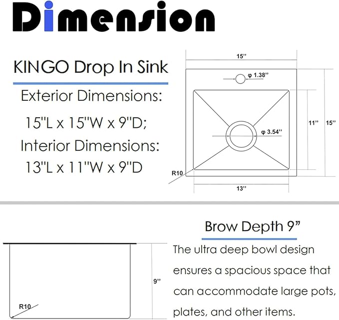 KINGO HOME Black Bar Sink Drop In,15 x 15 Inch Topmount RV 16 Gauge Gunmetal Black Stainless Steel Single Bowl Small Kitchen Sink,Outdoor Handmade Stainless Steel Wet Bar Perp Sink with Drain