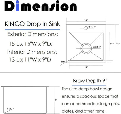 KINGO HOME Black Bar Sink Drop In,15 x 15 Inch Topmount RV 16 Gauge Gunmetal Black Stainless Steel Single Bowl Small Kitchen Sink,Outdoor Handmade Stainless Steel Wet Bar Perp Sink with Drain