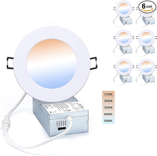 POPANU Premium LED-Canless Recessed Lighting 4-inch 5 CCT Adjustable Dimmable Downlight Fixture with Junction Box, Ceilling Light with Junction Box, 2700-5000K, 9W, White Finish, 6 Pack