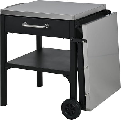 JIJIWANG 54.7" Outdoor Kitchen Island with Stainless Steel Top and Foldable Table, Kitchen Island with Drawer and Shelf, BBQ Cart with Wheels for Backyard Patio Black