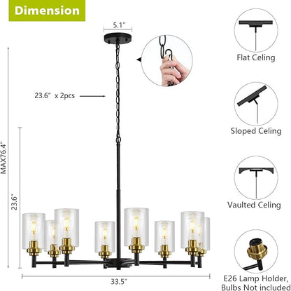 9MMML 8 Lights Black and Gold Chandelier, Modern Glass Ceiling Chandelier Light Fixture, Large Ceiling Hanging Light for Dining Room, Living Room, Bedroom, Kitchen, Over Table, Foyer, E26 Base