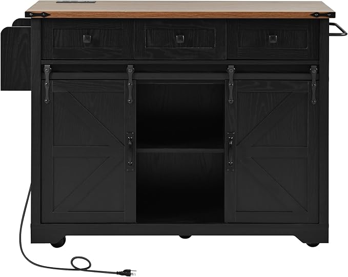 YOPTO Farmhouse Kitchen Island Cart With Power Outlet & 2 Sliding Barn Doors, Rolling Storage Island W/Drop Leaf Spice Rack and 5 Universal Wheels, for Home and Dining Room, Black, 53.7"