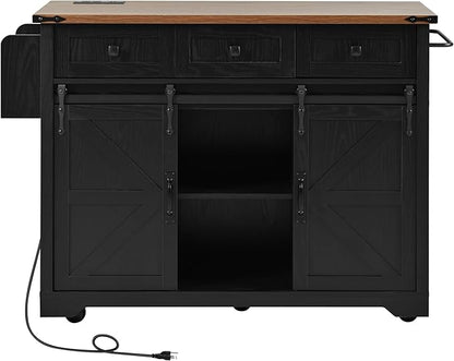 YOPTO Farmhouse Kitchen Island Cart With Power Outlet & 2 Sliding Barn Doors, Rolling Storage Island W/Drop Leaf Spice Rack and 5 Universal Wheels, for Home and Dining Room, Black, 53.7"