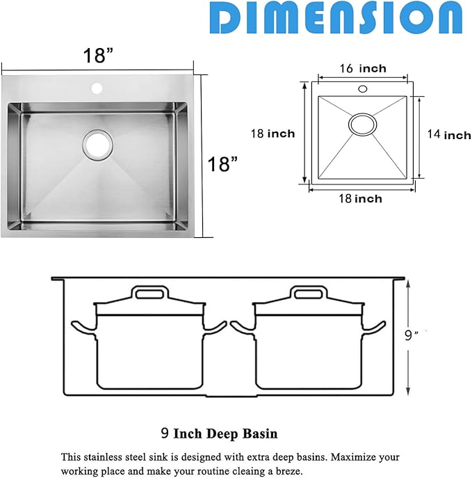 KINGO HOME Drop In Bar Sink,18x18 Inch Handmade Small Kitchen Sink,Stainless Steel Topmount Outdoor RV Prep Single Bowl Workstation Wet Bar Sinks with Stainless Steel Strainer