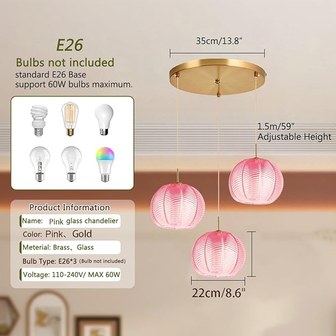 Cluster Chandelier 3-Lights Gold Pink Pendant Light Fixtures Glass Globe Chandeliers Dining Room Classic Glass Ball 8.6" Shade Adjustable Height Mid Century Modern Chandelier