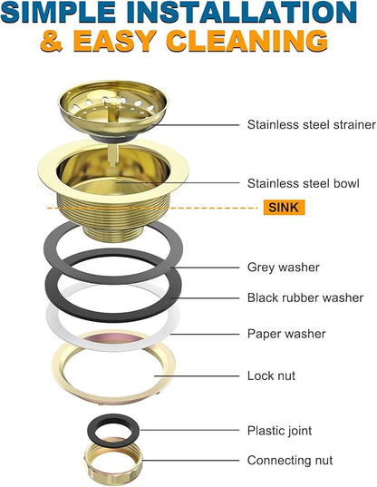 BOTEMY Stainless Steel Gold Sink Drain Strainer Kit 3-1/2 inch Kitchen Drain Assembly with Metal Center Knob Basket Stopper Replacement for Standard Kitchen Sinks