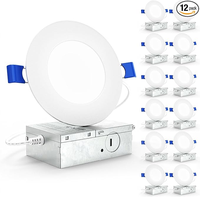 Sunco 12 Pack 4 Inch Ultra Thin LED Recessed Ceiling Lights Slim, 4000K Cool White, Dimmable, 10W, Wafer Thin, Canless with Junction Box - Energy Star
