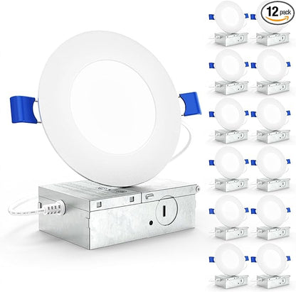 Sunco 12 Pack 4 Inch Ultra Thin LED Recessed Ceiling Lights Slim, 4000K Cool White, Dimmable, 10W, Wafer Thin, Canless with Junction Box - Energy Star