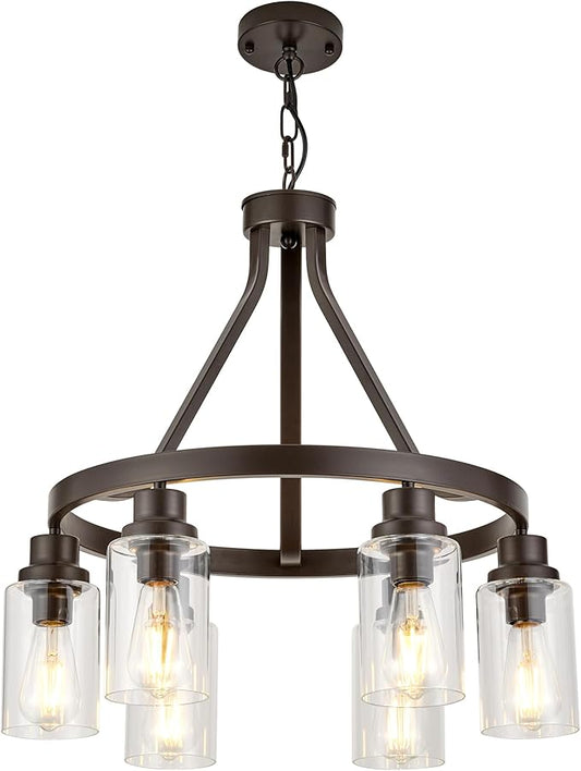 Wagon Wheel Chandelier Oil Rubbed Bronze Dining Room Lighting Fixture Hanging Farmhouse Chandelier 6 Light Kitchen Island Lighting with Glass Shade