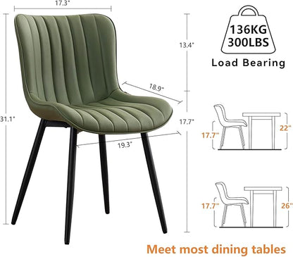 YOUNUOKE Mid-Century Modern Dining Chairs Set of 2, Olive Green Faux Leather Upholstered Accent Chairs with Black Metal Legs, Armless Side Chair for Dining Room, Guest Reception Room