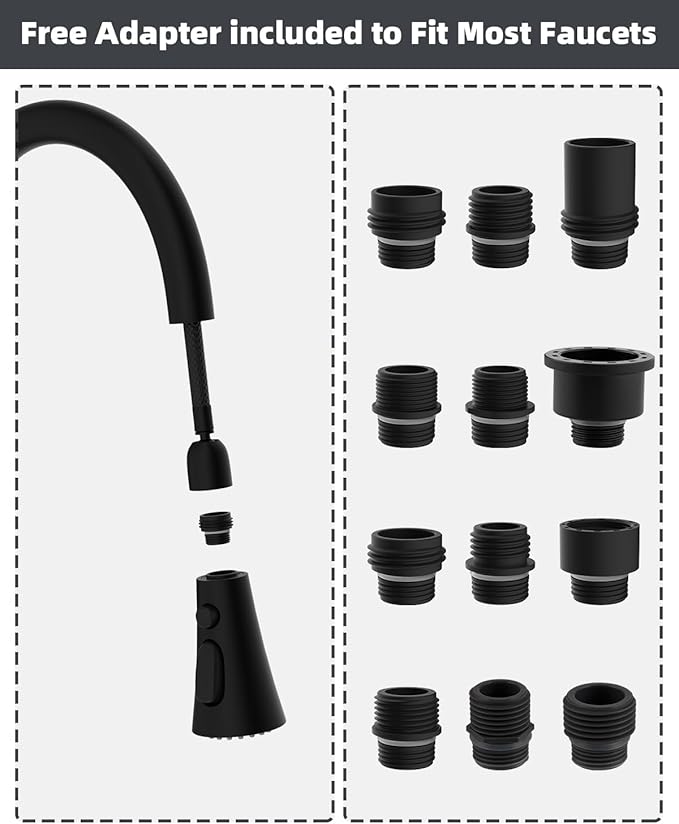Hibbent Pull Down Kitchen Faucet Head Replacement with 12 Adapters, NSF/ANSI/CAN 61 & CUPC Certified 3-Function Sink Spray Nozzle, Compatible with Moen, Delta, Kohler Faucets, Matte Black