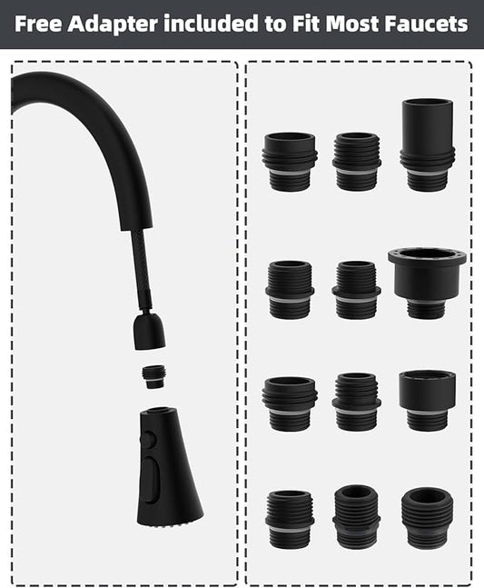 Hibbent Pull Down Kitchen Faucet Head Replacement with 12 Adapters, NSF/ANSI/CAN 61 & CUPC Certified 3-Function Sink Spray Nozzle, Compatible with Moen, Delta, Kohler Faucets, Matte Black