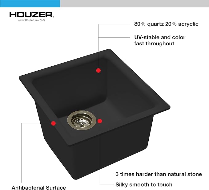 Houzer E-100 MIDNITE Quartztone Granite Series Bar Sink - Black Dual Mount 13 x 13 inch Single Bowl Sink, Durable Construction, Perfect for Kitchen or Food Prep