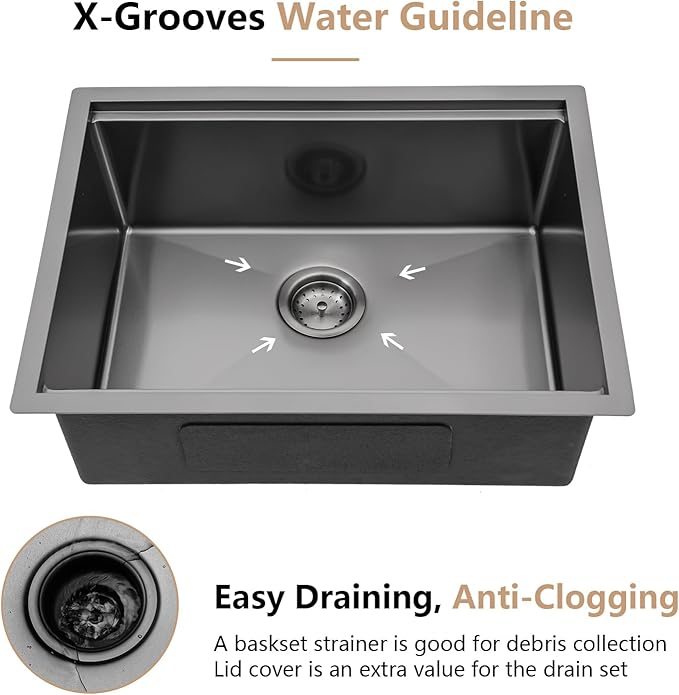 Dcolora 27" Gunmetal Black Stainless Steel Undermount Kitchen Sink Workstation - 16 Gauge Single Bowl Basin (27"x19"x10"), DC-U7707