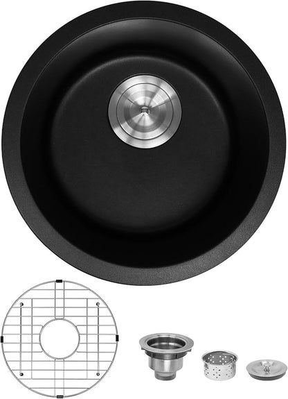Davivy 15 Inch Black Round Bar Sink,15x15 Dual-Mount Small Granite Bar Prep Sink, Quartz Composite Single Bowl Design with with Bottom Grid & Strainer