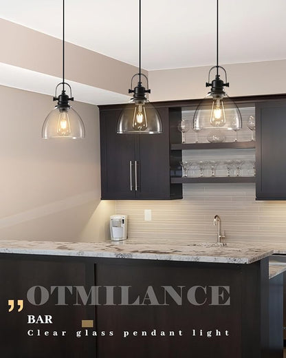 Kitchen Pendant Lighting Over Island 3 Pack, 7.5” Black Pendant Lights Kitchen Island, Farmhouse Glass Pendant Lights Kitchen Island, Industrial Pendant Light for Kitchen, Bedroom, Bathroom