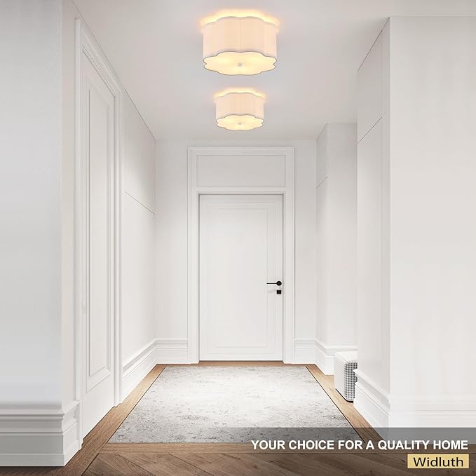 Modern Drum Semi Flush Mount Ceiling Light Fixture Modern 12.99” White 3-Lights Drum Ceiling Lighting Vintage Linen Ceiling Lamp for Kitchen, Basement, Dining Room, Bedroom, Laundry Room