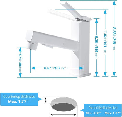 HANLIAN Single Hole Bathroom Pull Out Faucet with Rotating Spout, One Handle Faucet for Bathroom Sink, Modern Bathroom Faucet with Pull Down Sprayer, 3 Modes Vanity Faucets (White, Regular)