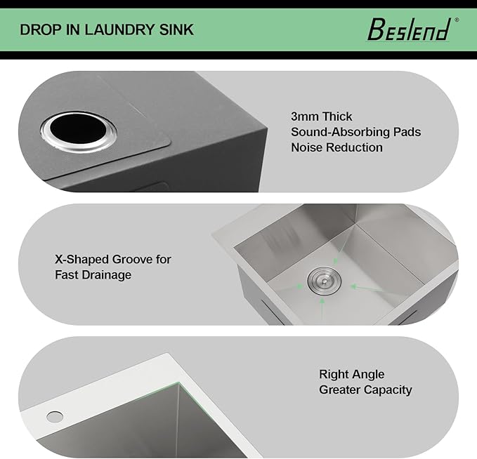 22 Laundry Sink Drop In with Faucet - Beslend 22x22x12 Inch Laundry Utility Sinks 12 Inch Deep Sink Stainless Steel Topmount Sinks 16 Gauge Single Bowl Sink for RV Laundry Room