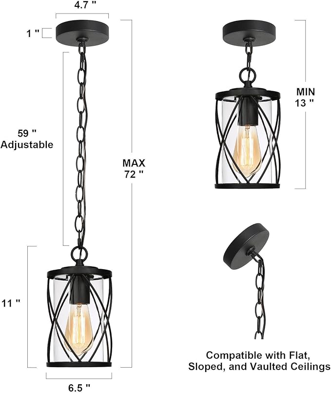 LALUZ Outdoor Hanging Light Fixture, Matte Black Exterior Pendant Light, Anti-Rust Outdoor Ceiling Hanging Light with Clear Glass, Farmhouse 1-Light Outdoor Chandelier for Gazebo, Patio, Porch, 6.5”W