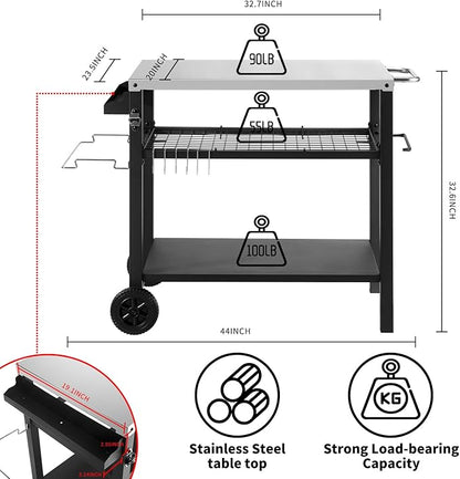 Kendane Grill Cart Table with Three Shelf, Movable Outdoor Dining Cart Pizza Oven Stand with Three Hooks, Kitchen Cart Island Multifunction Food Prep Table (Sliver)