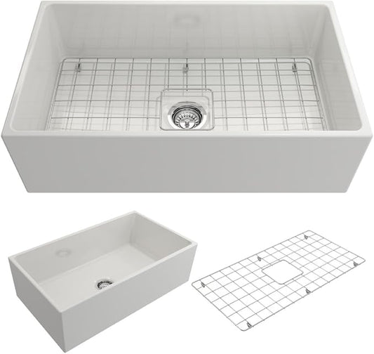 BOCCHI Contempo Farmhouse Apron Front Fireclay 33 in. Single Bowl Kitchen Sink with Protective Bottom Grid and Strainer in White