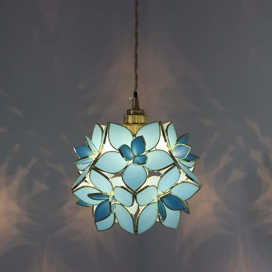 Bieye L11023 Petals Tiffany Style Stained Glass Ceiling Pendant Light for Home Decoration (Sky Blue, 8" Rose Lily)