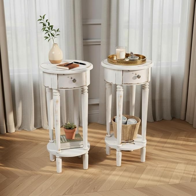 SUNBURY 28" H Tall End Table with Drawers & Lower Shelf, Round Nightstand Set of 2, Accent Side Table for Living Room, Bedroom, Small Spaces (White)