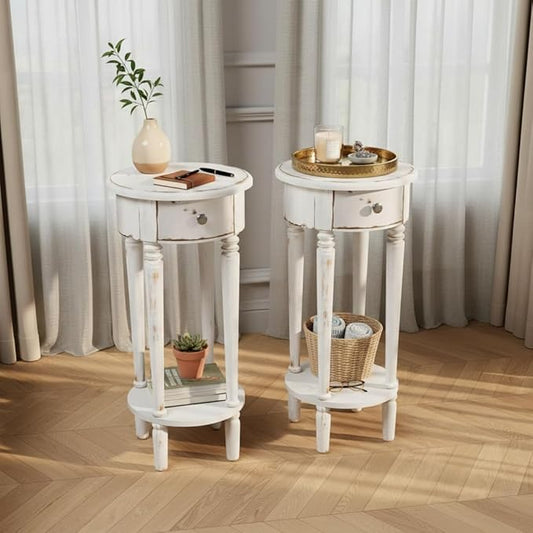SUNBURY 28" H Tall End Table with Drawers & Lower Shelf, Round Nightstand Set of 2, Accent Side Table for Living Room, Bedroom, Small Spaces (White)