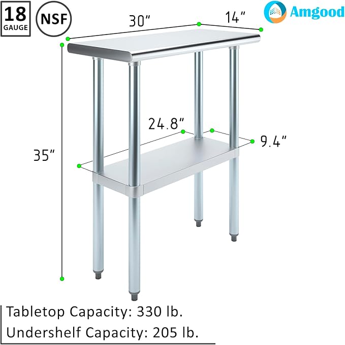 Stainless Steel Work Table | NSF Kitchen Island Food Prep | Laundry Garage Utility Bench (Table, 30" Long X 14" Deep)