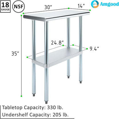 Stainless Steel Work Table | NSF Kitchen Island Food Prep | Laundry Garage Utility Bench (Table, 30" Long X 14" Deep)