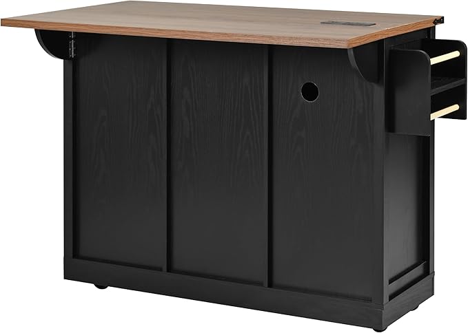 YOPTO Farmhouse Kitchen Island Cart With Power Outlet & 2 Sliding Barn Doors, Rolling Storage Island W/Drop Leaf Spice Rack and 5 Universal Wheels, for Home and Dining Room, Black, 53.7"