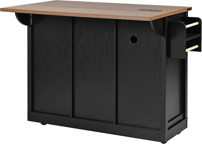 YOPTO Farmhouse Kitchen Island Cart With Power Outlet & 2 Sliding Barn Doors, Rolling Storage Island W/Drop Leaf Spice Rack and 5 Universal Wheels, for Home and Dining Room, Black, 53.7"